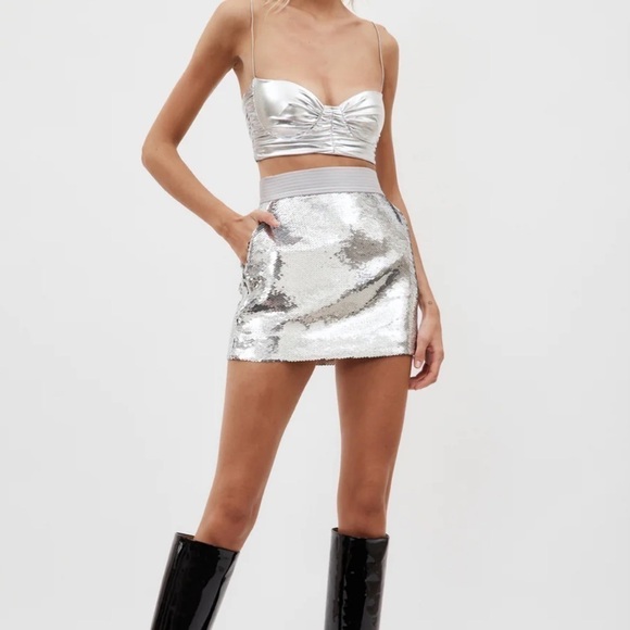 Alex Perry Delon Sequined Mini Skirt Silver - Picture 2 of 7